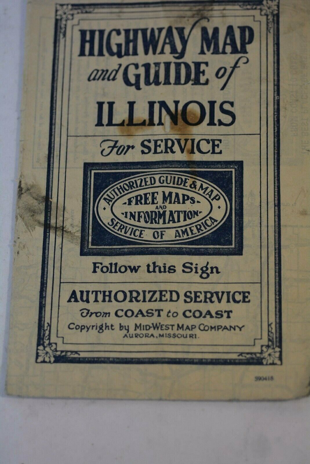 MID-WEST MAP COMPANY.Early HIGHWAY MAP and GUIDE of ILLINOIS circa 1928 folded