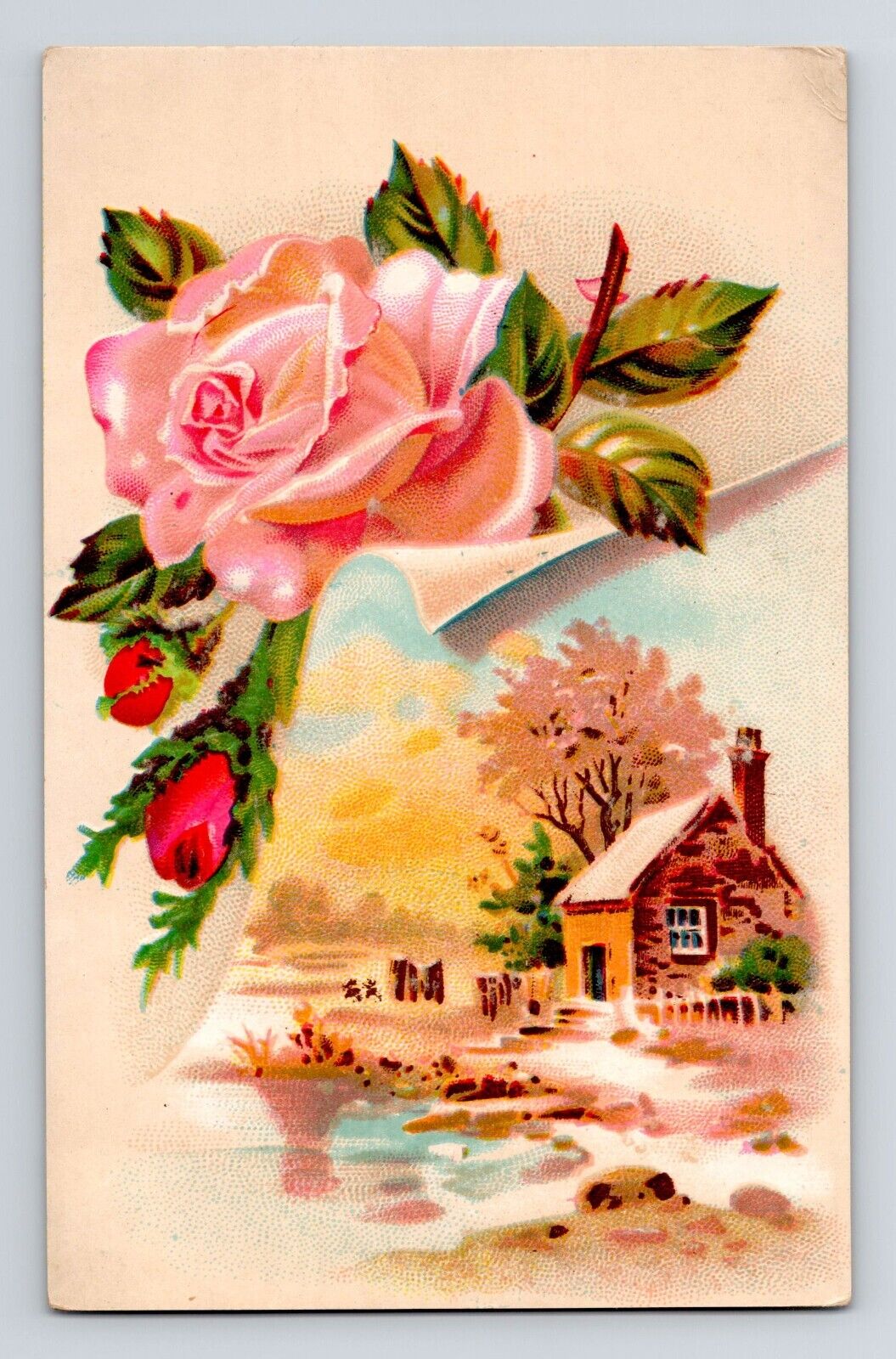 Victorian Trade Card Country Scene Roses Cabin Teacher\'s Gift To Student