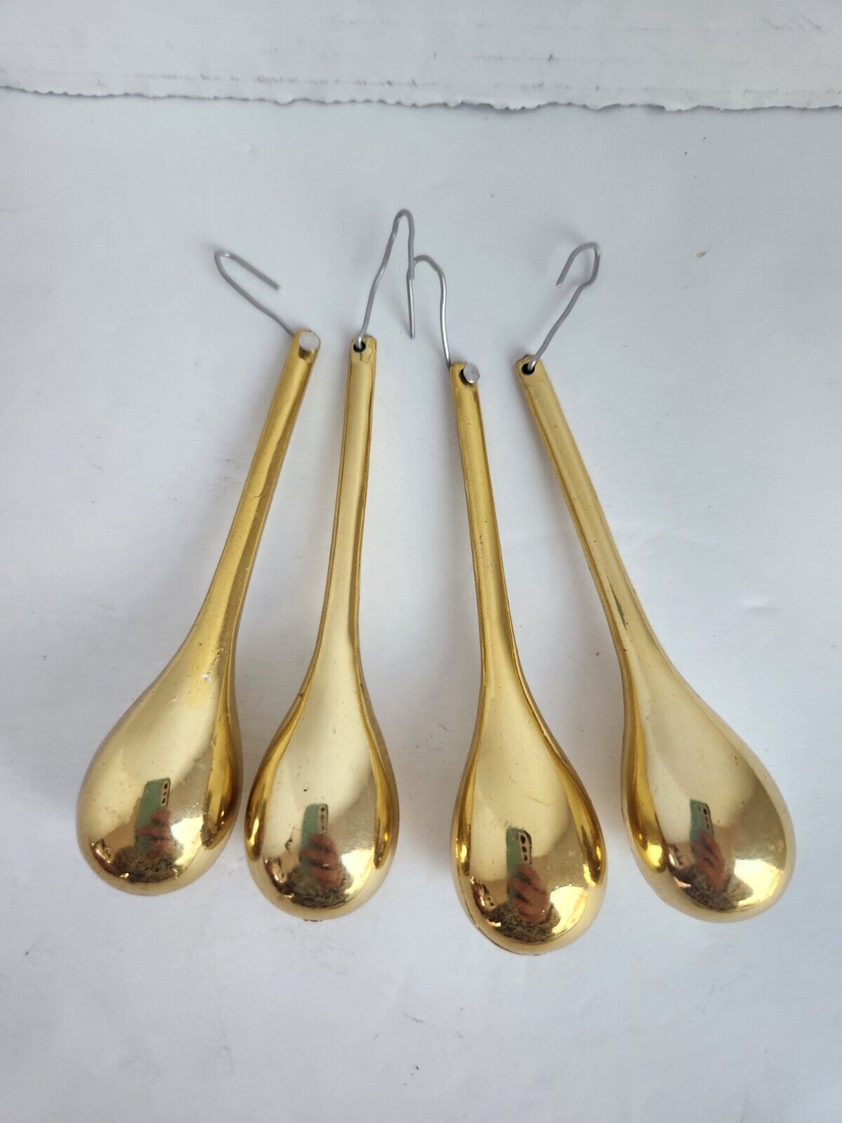 Lot of 4 Vintage Teardrop Christmas Ornaments Gold Metallic 3” Long Plastic 