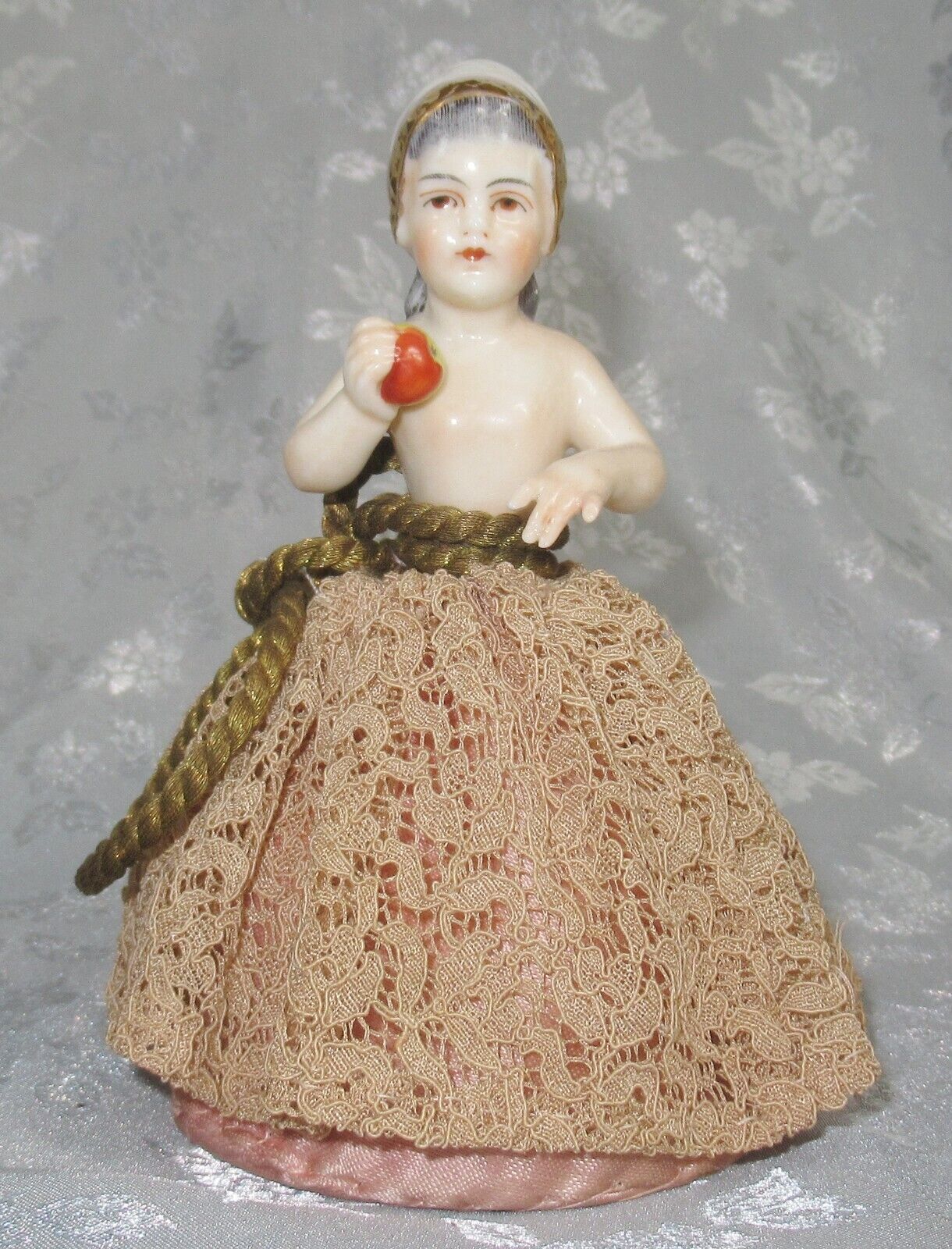 ANTIQUE HALF DOLL DRESSEL AND KISTER PIN CUSHIONS TEEPUPPE YOUNG GIRL WITH APPLE