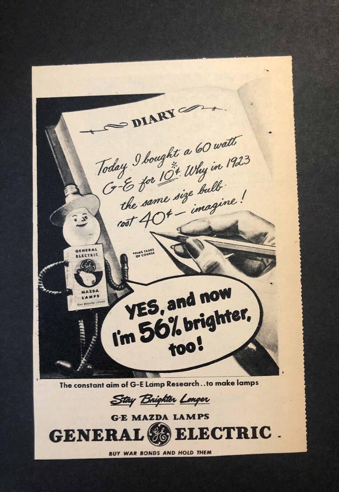 1940’s Wartime Light Bulb General Electric Magazine Ad