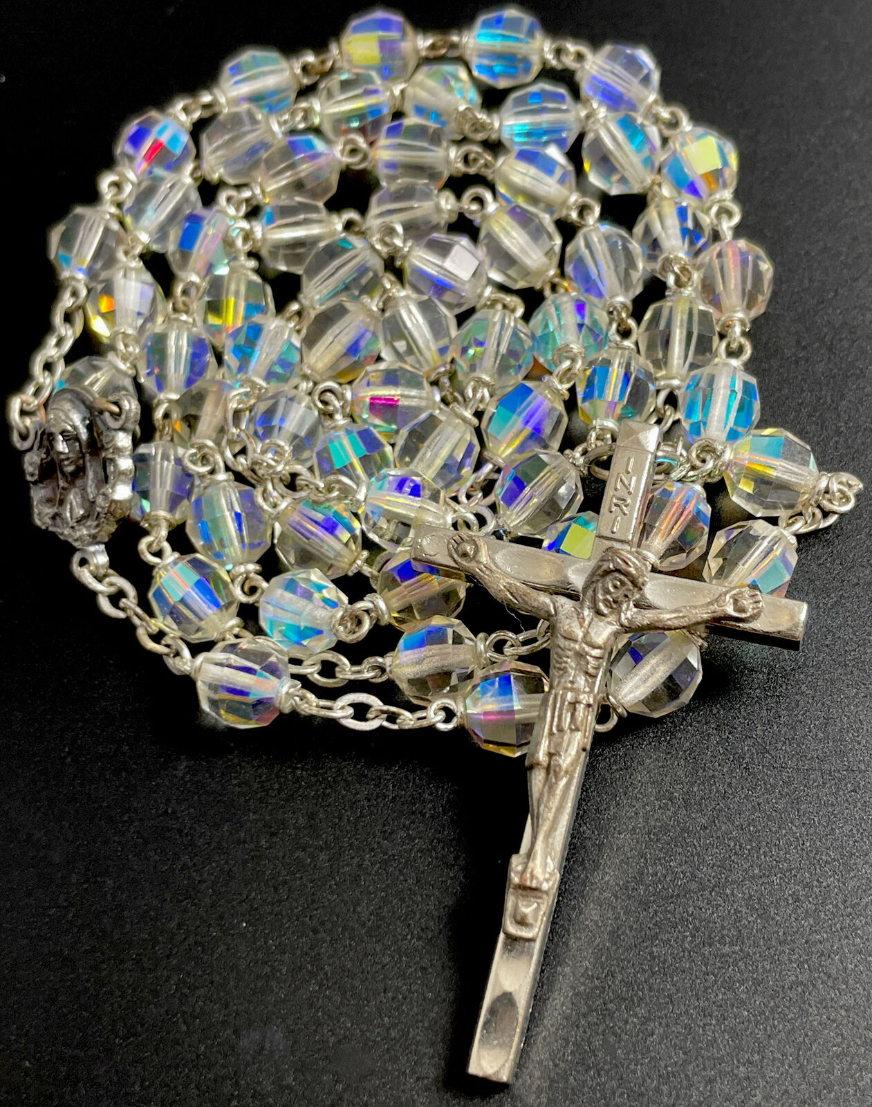 Vintage Catholic Iridescent AB Crystal Rosary, Silver Tone Crucifix
