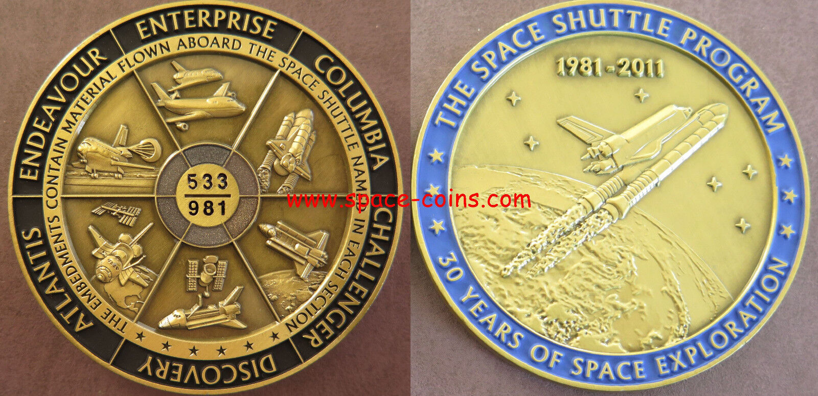 Space Shuttle medal with VISIBLE flown material from all 6 Space Shuttle 2.5