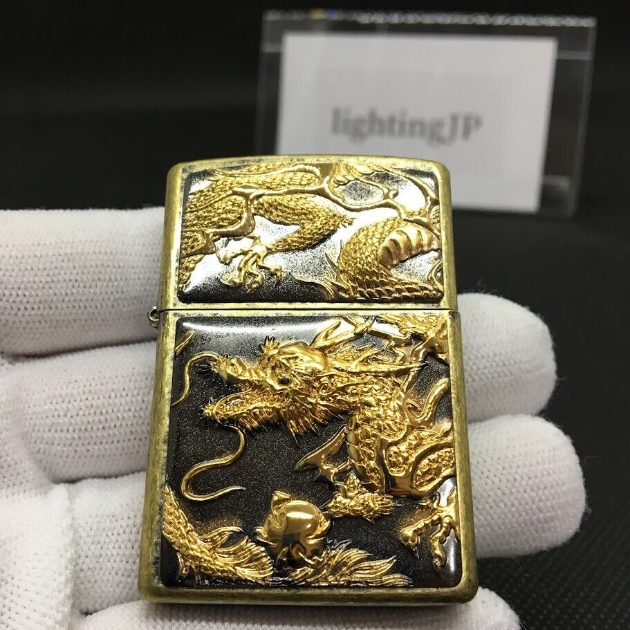 Zippo 3D Dragon Black Gold Electroformed Plate Oil Lighter Regular Case Japan