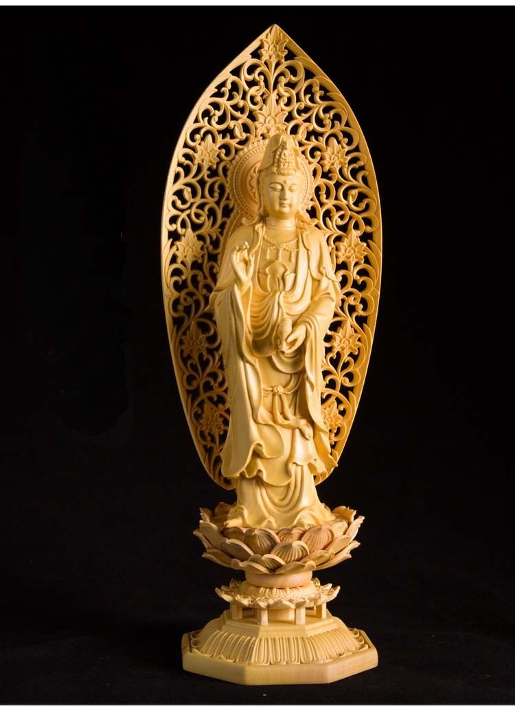 Chinese Handwork Carving Boxwood Guanyin Hold Bottle Figure Statue