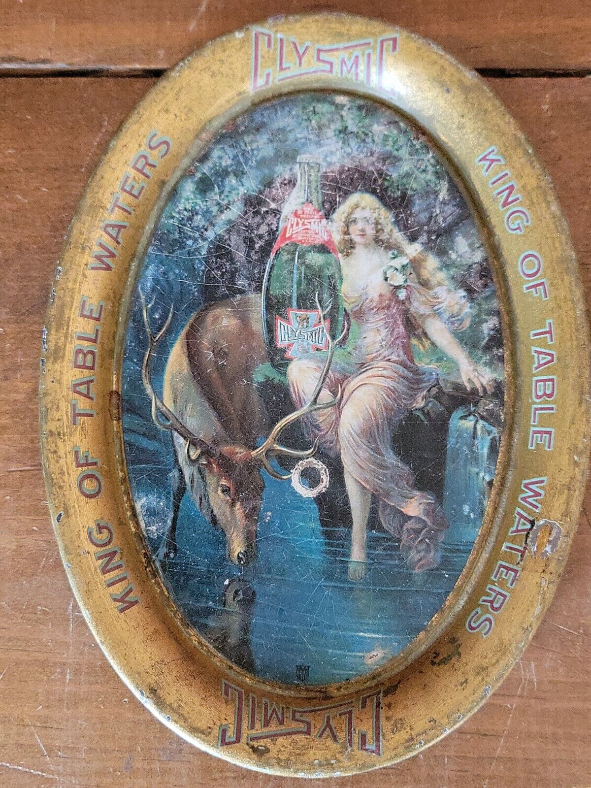 ca1907 CLYSMIC SPARKLING SODA WATER TIN LITHOGRAPH TIP TRAY WITH SEMI-NUDE WOMAN