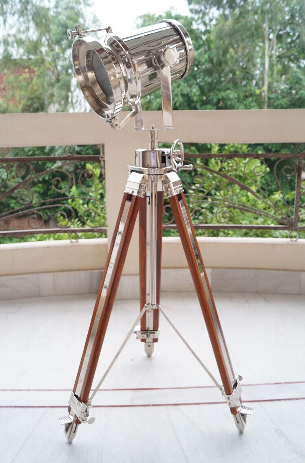 Chrome Nautical Searchlight Floor Lamp Spotlight Brown Wooden Tripod Stand