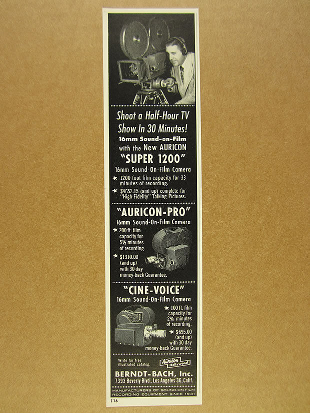 1954 Auricon Super 1200 Pro & CineVoice Motion Picture Cameras vintage print Ad