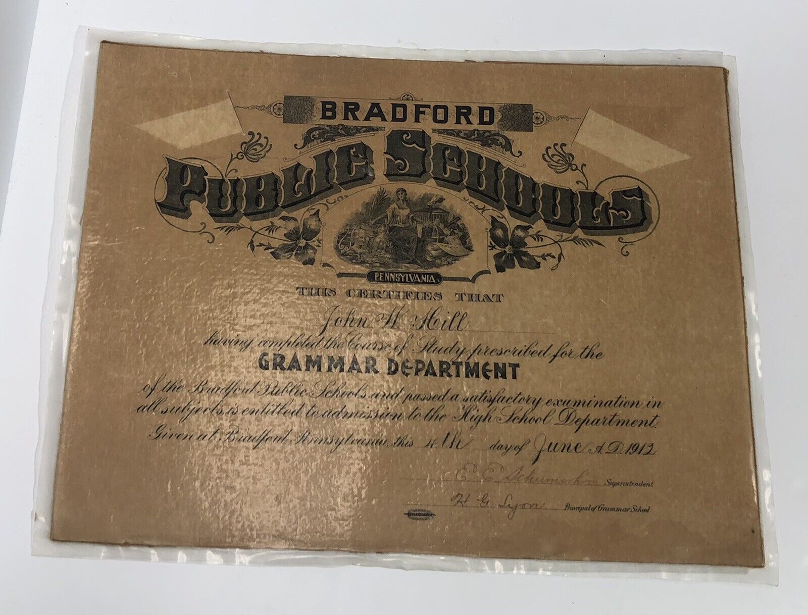 Vintage Antique Bradford Pennsylvania Public Schools Promotion Certificate 1912