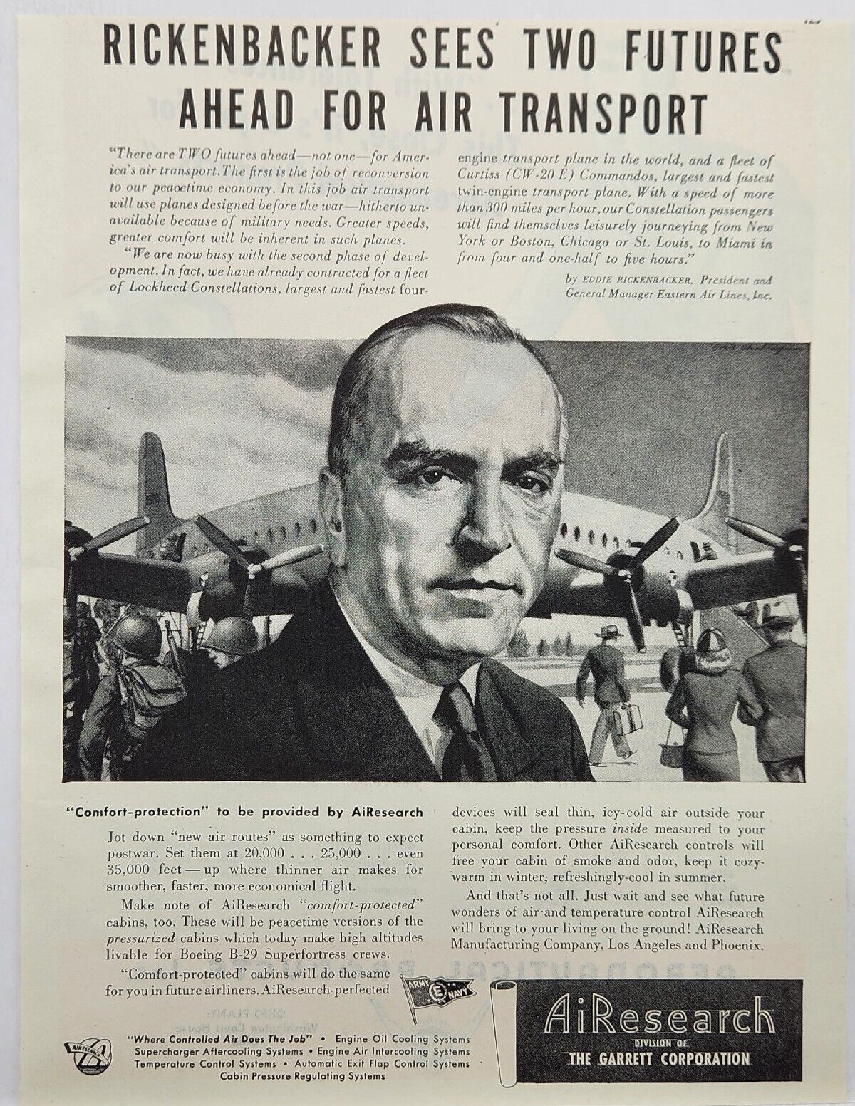 1945 AiResearch Rickenbacker Eastern Airlines Vtg WWII Print Ad Los Angeles CA
