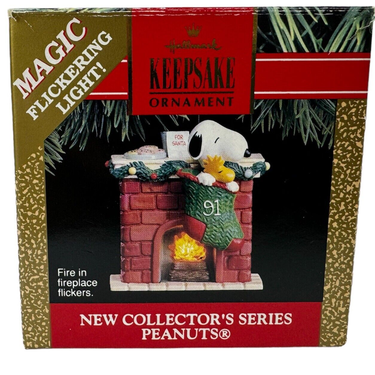 1991 Hallmark Ornament Peanuts Magic Series #1- Snoopy & Woodstock-  Fireplace