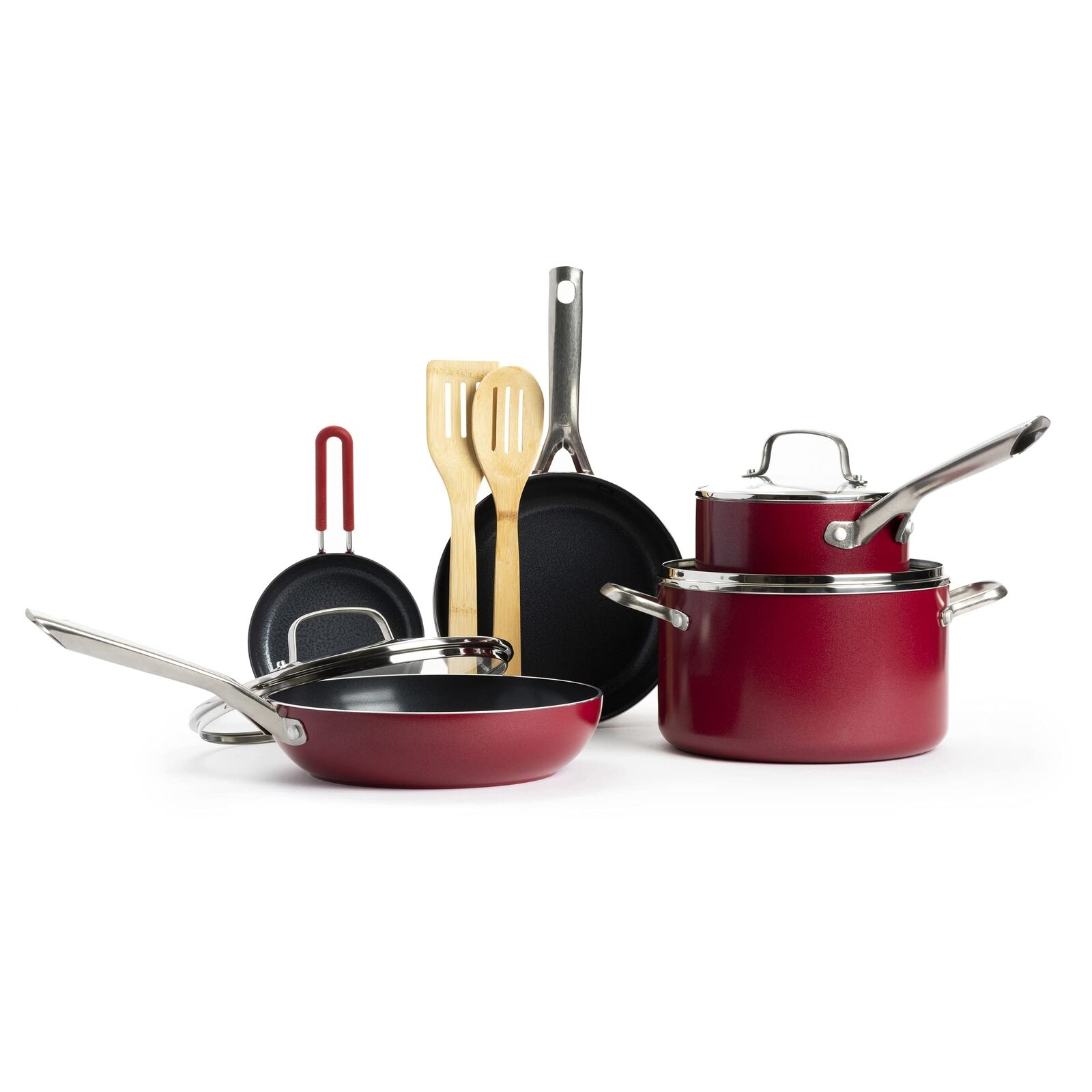 Red Volcano Textured Ceramic Nonstick 10 Piece Cookware Pots and Pans Set wit...