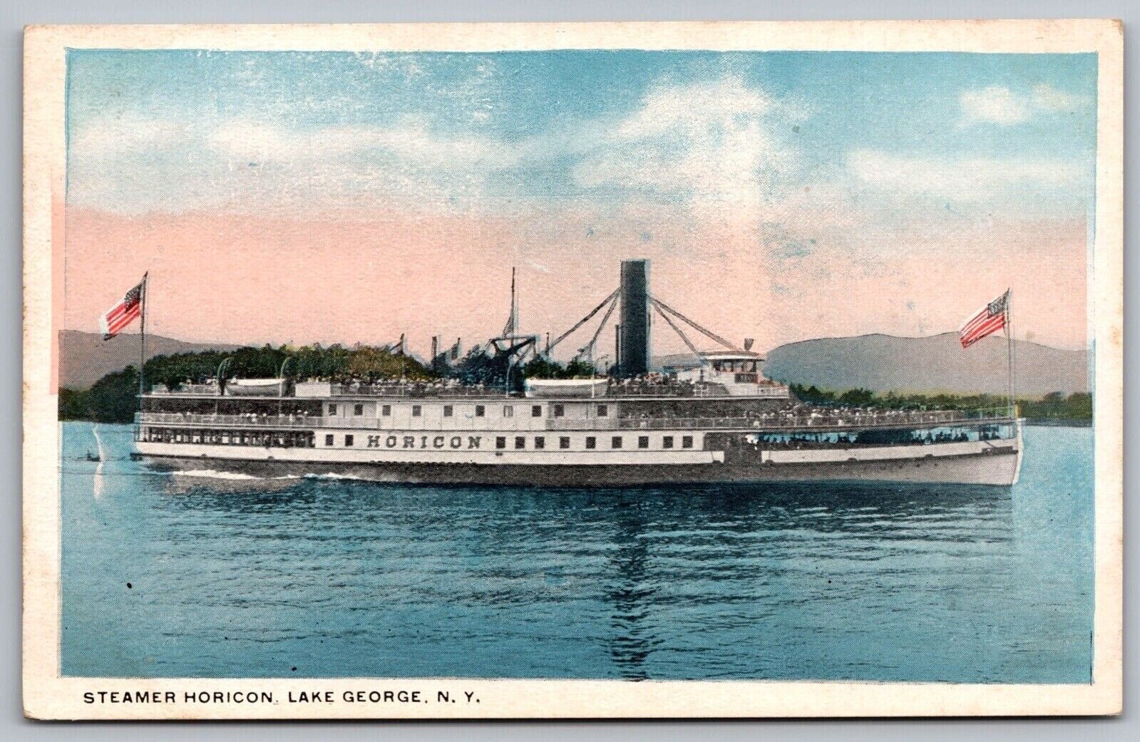 Steamer Horicon Lake George New York American Flags Ship Lakefront VNG Postcard