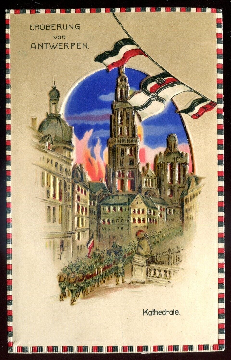 BELGIUM Antwerp Postcard 1916 HTL Hold to Light Cathedral WW1 German Siege Flags