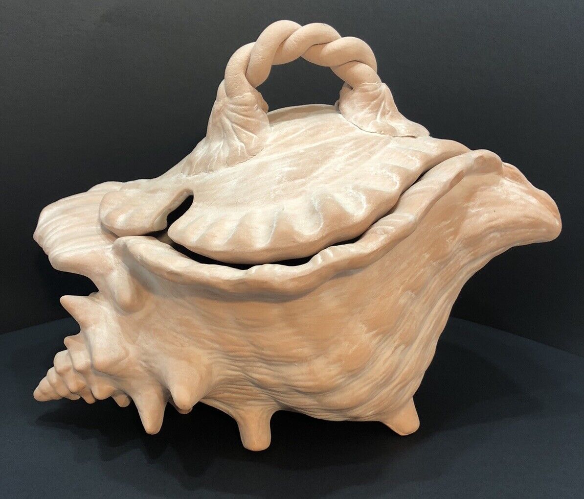 RARE Ornate Terra Cotta Lidded Conch Shell Tureen, 12” X 8”, Ocean Beach Sea