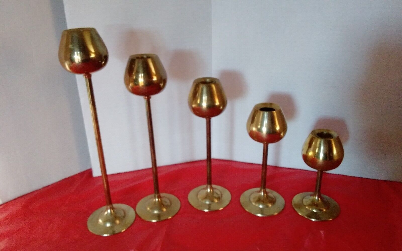 Vintage Brass 5 Graduated Tulip Candle Holders MCM Scandinavian Style Modern
