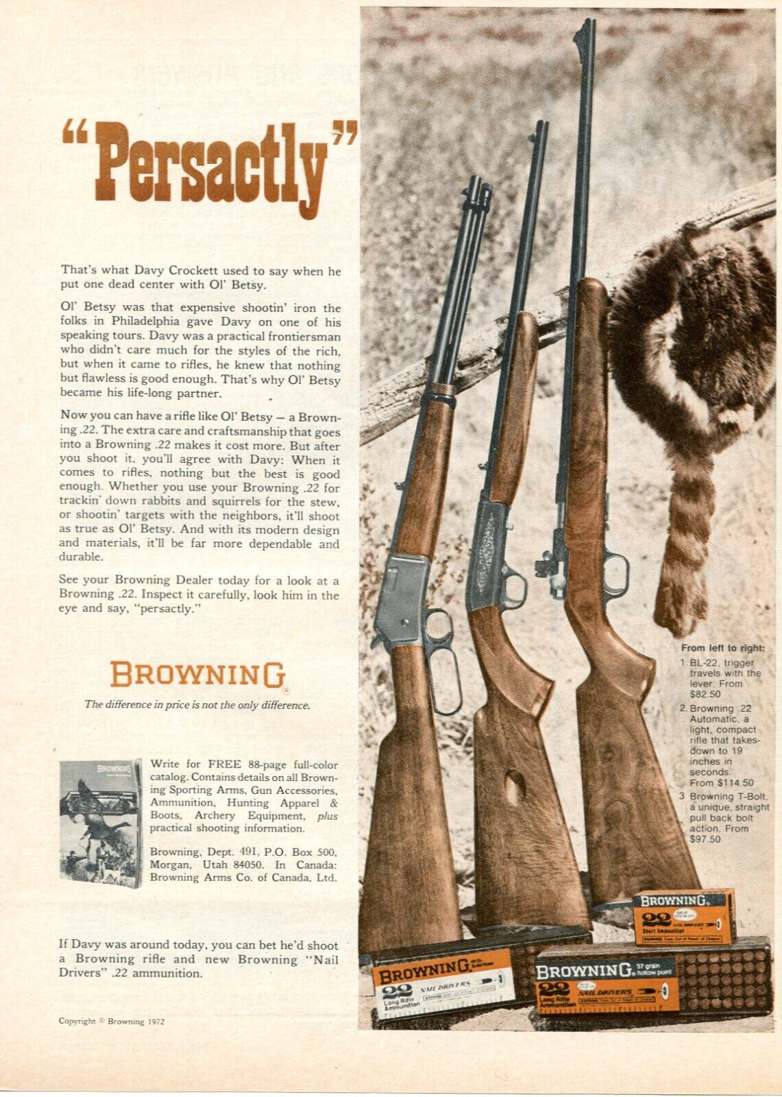 1972 Print Ad of Browning BL-22 Automatic & T-Bolt Rifle Davy Crockett Ol\' Betsy