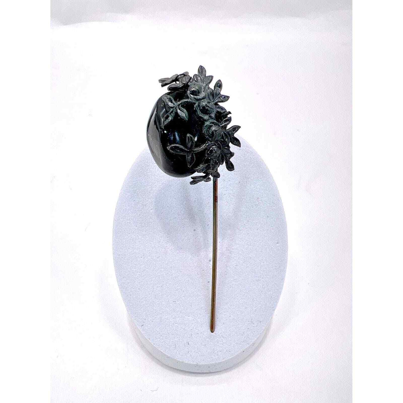 Vintage Miriam Haskell Jet Black Glass Bead & Metal Rose Mourning Stick/Hat Pin