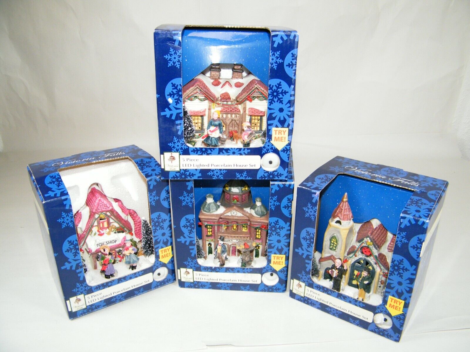 (4) VICTORIA FALLS 5 PC LED CHRISTMAS HOUSES TOY SHOP HOUSE CHURCH TOWN HALL