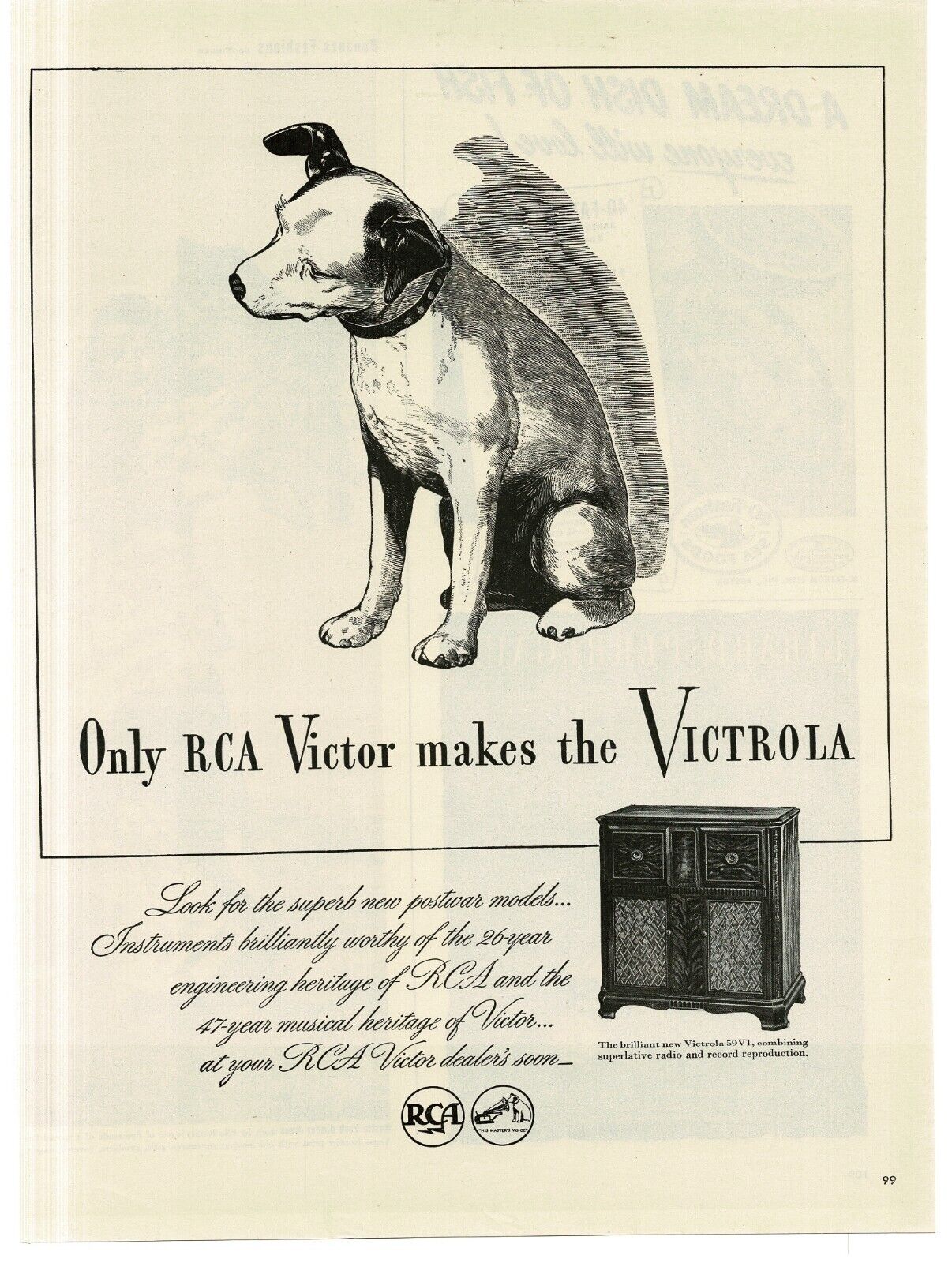 1945 RCA Victor Victrola Radio Floor Console Nipper Dog Vintage Print Ad