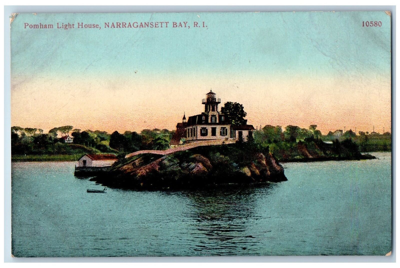 Narragansett Bay Rhode Island Postcard Pomham Light House Scene c1910 Antique