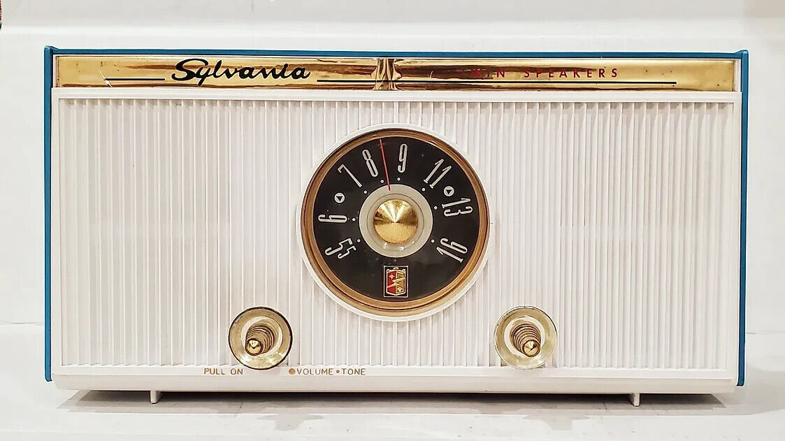 1959 Sylvania 1303 Atomic AM Tube Radio Cabinet Turquoise Excellent