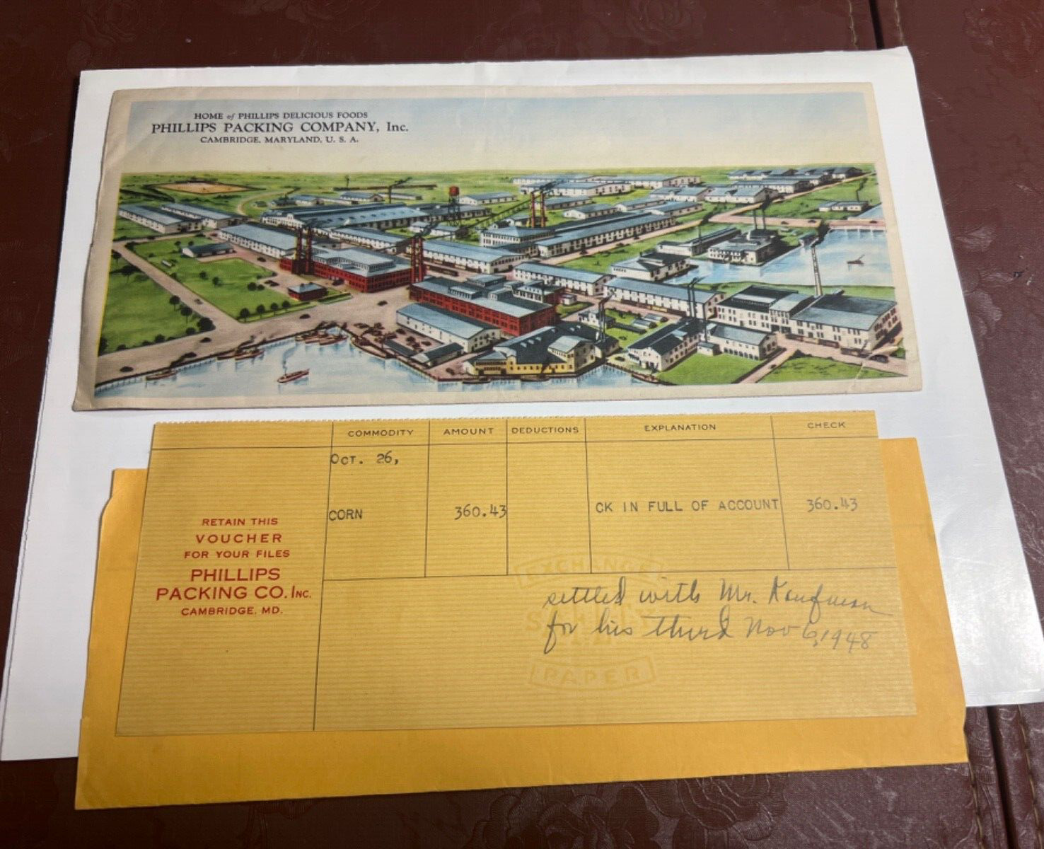 Vintage 1940’s Phillips Packing Company Envelope Receipt Check Stub Cambridge Md