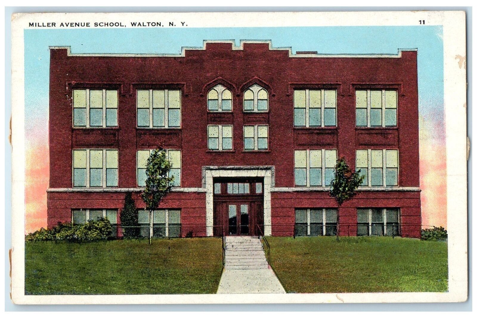 c1920\'s Miller Avenue School Campus Entrance Walton New York NY Vintage Postcard