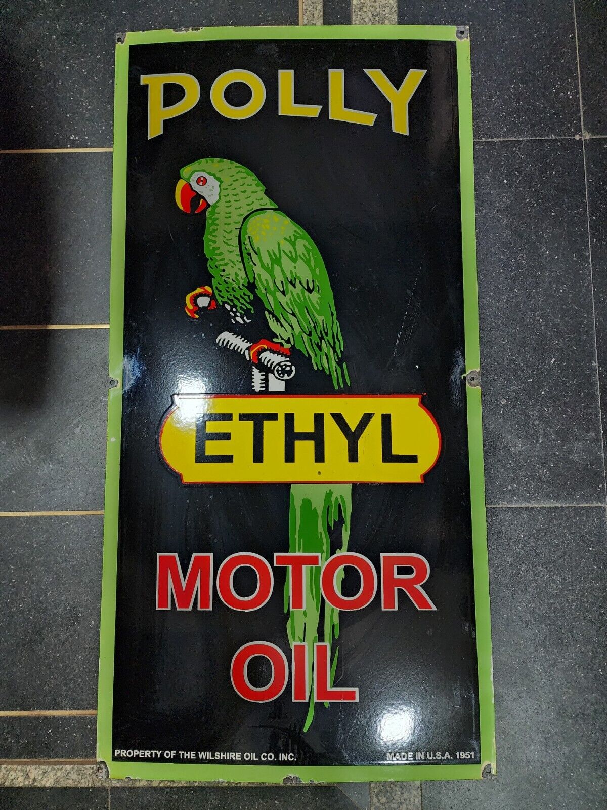 POLLY ETHYL MOTOR OIL PORCELAIN ENAMEL SIGN 48 X 24 INCHES