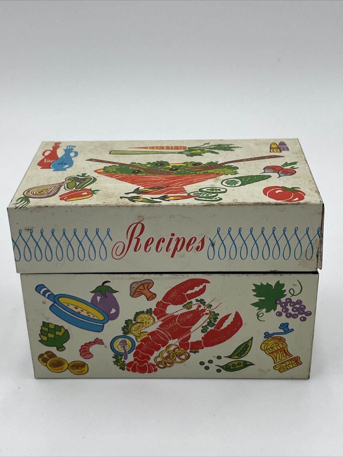 Antique 1950’s Tin Recipe Box MCM Baking Cookery Stylecraft USA Made Lobster VTG