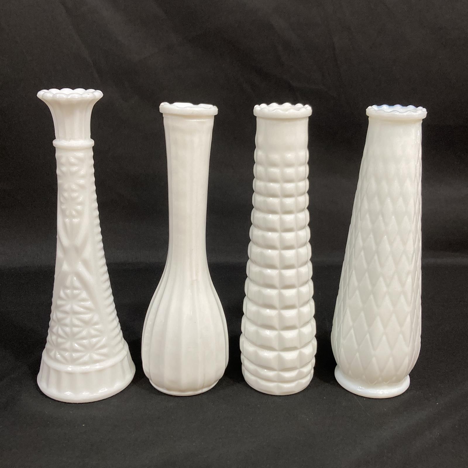 4 Vintage E.O. Brody Co. Milk Glass White Bud Vase 8.5 to 9in Assorted Patterns