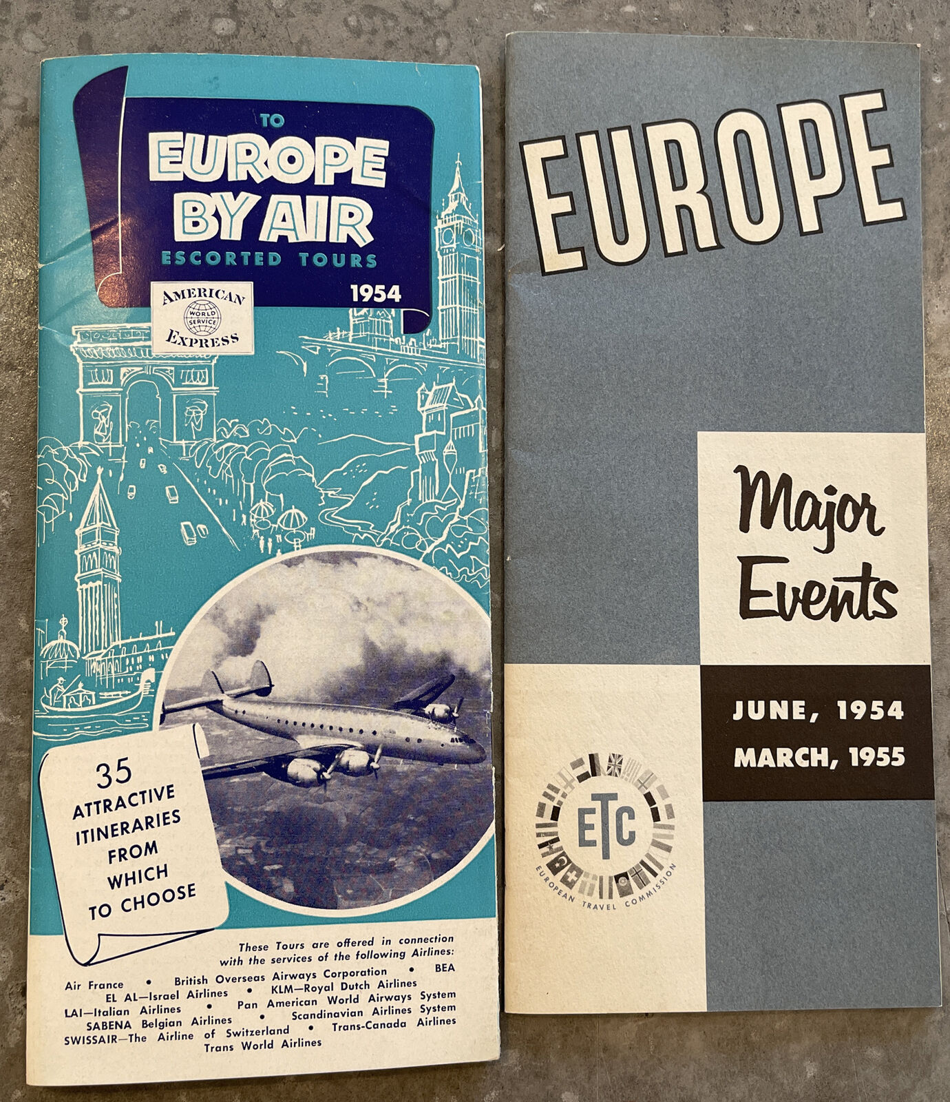 Vintage 1954 Airplane Travel to Europe Tour Brochure American Express Events x2