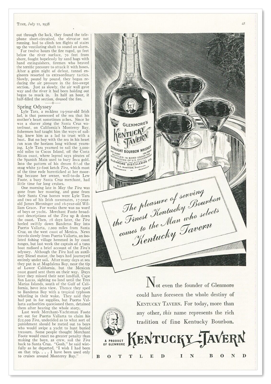 Print Ad Kentucky Tavern Bourbon Vintage 1938 3/4-Page Advertisement