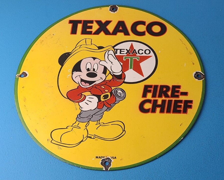 Vintage Porcelain Sign - Texaco Gasoline Disney Mickey Marine Products Pump Sign