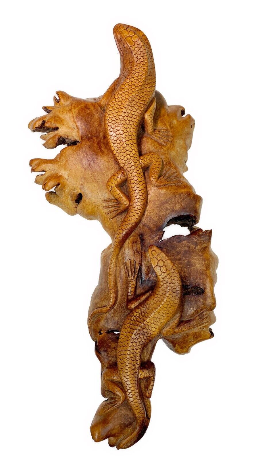 Carved Burl Wood 2 Lizard Reptile Sculpture Figurine Indonesia H4” x L14” x 6”