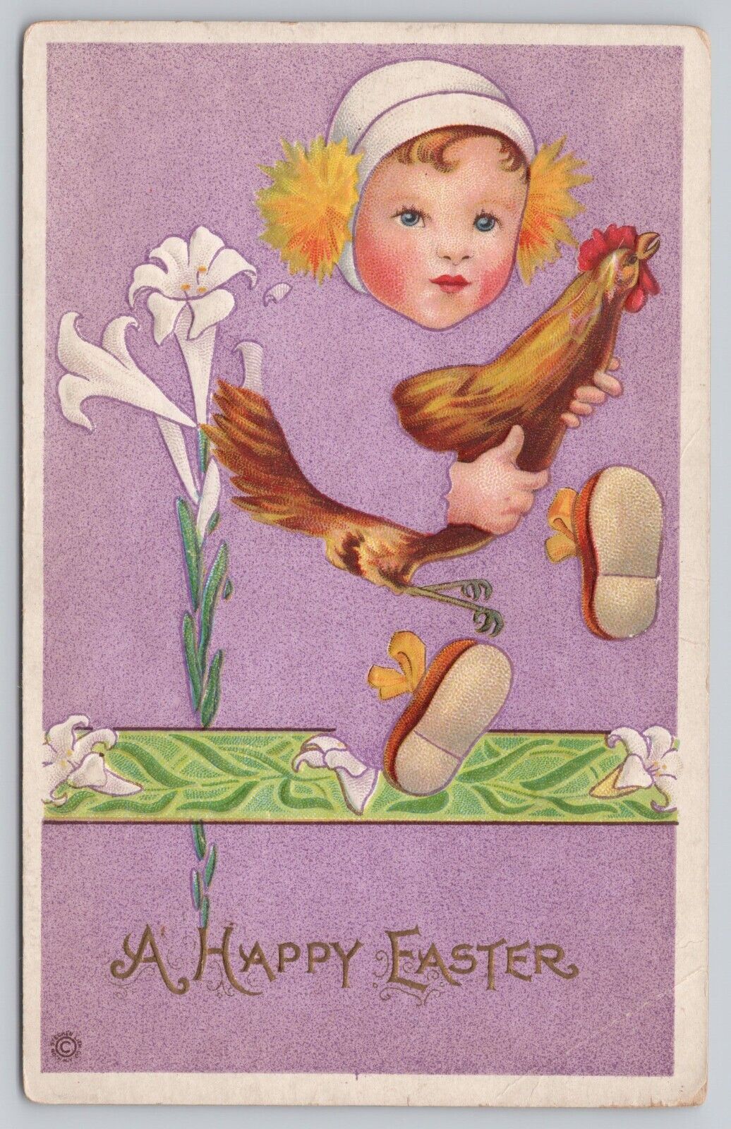 Fantasy Fade Away Happy Easter Child Holds Chicken Embossed Vintage Postcard
