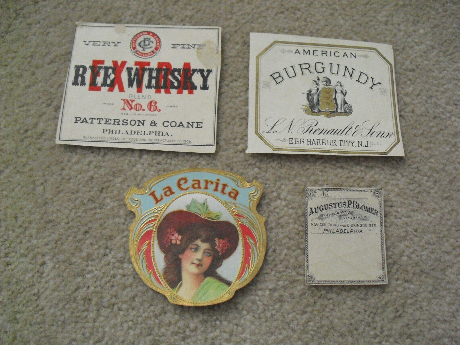 Lot of 4 Vintage c 1910 Product and Drug Labels Rye Wiskey Am Burgundy LA Carita