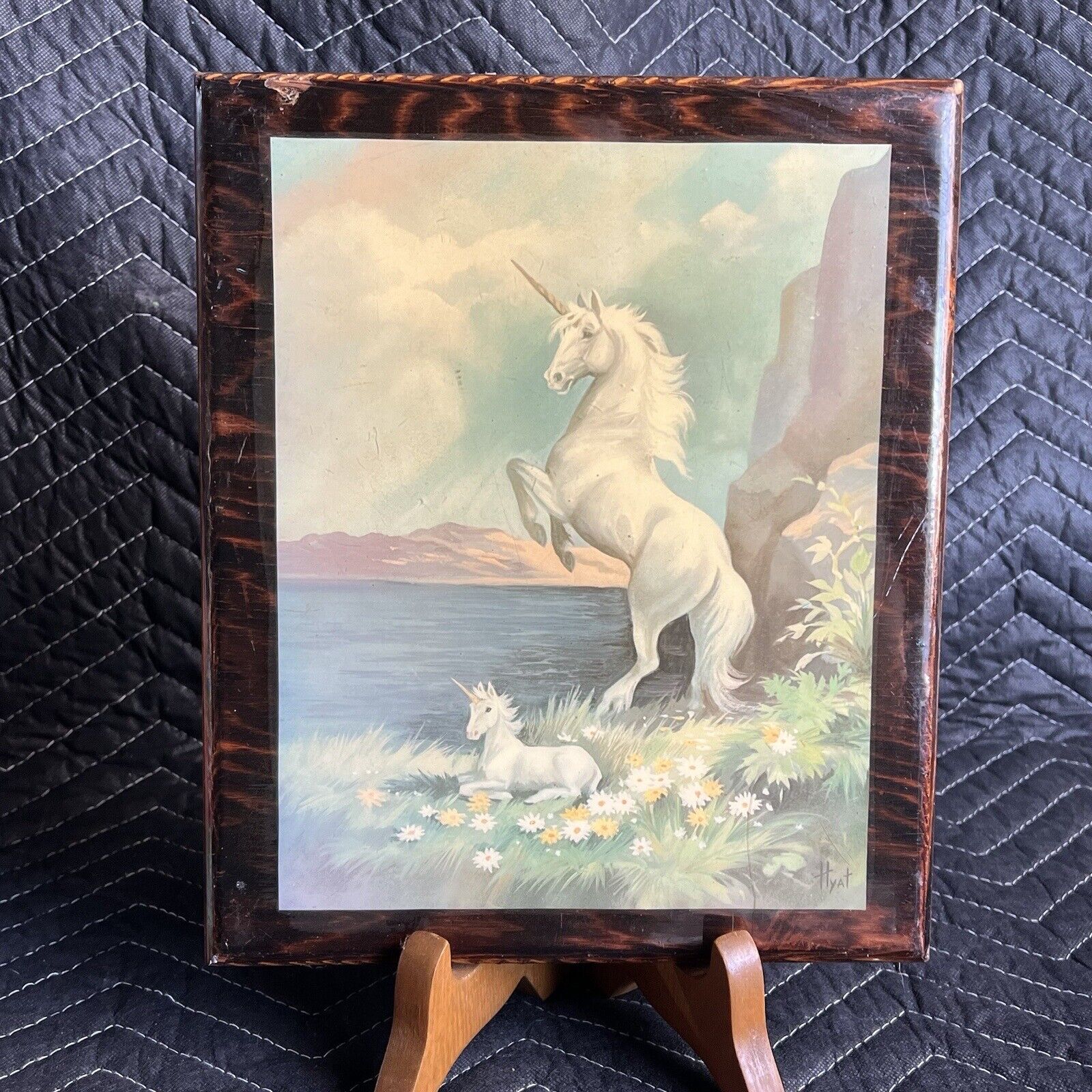 Beautiful Vintage Unicorn Decoupage Picture Mystical Retro Fantasy signed Hyat
