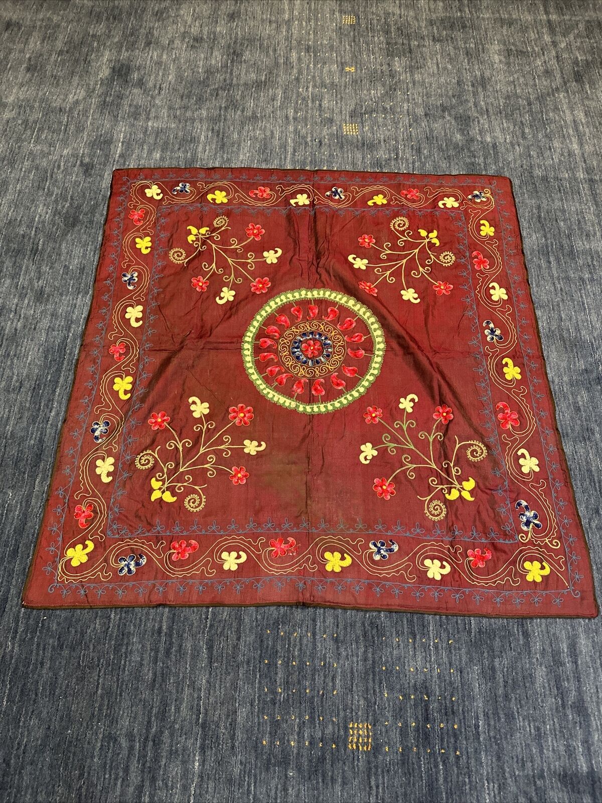 Antique Bukhara Suzani On Raw Silk Table Topper