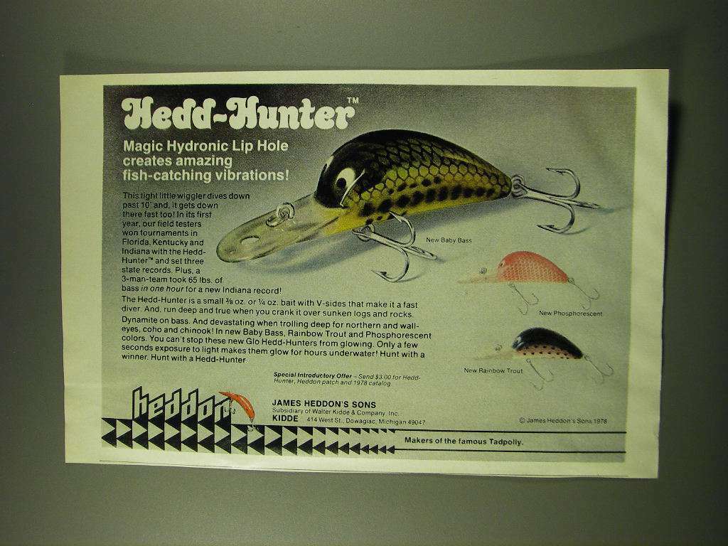 1978 James Heddon\'s Sons Hedd-Hunter Lures Ad - Magic Hydronic Lip Hole