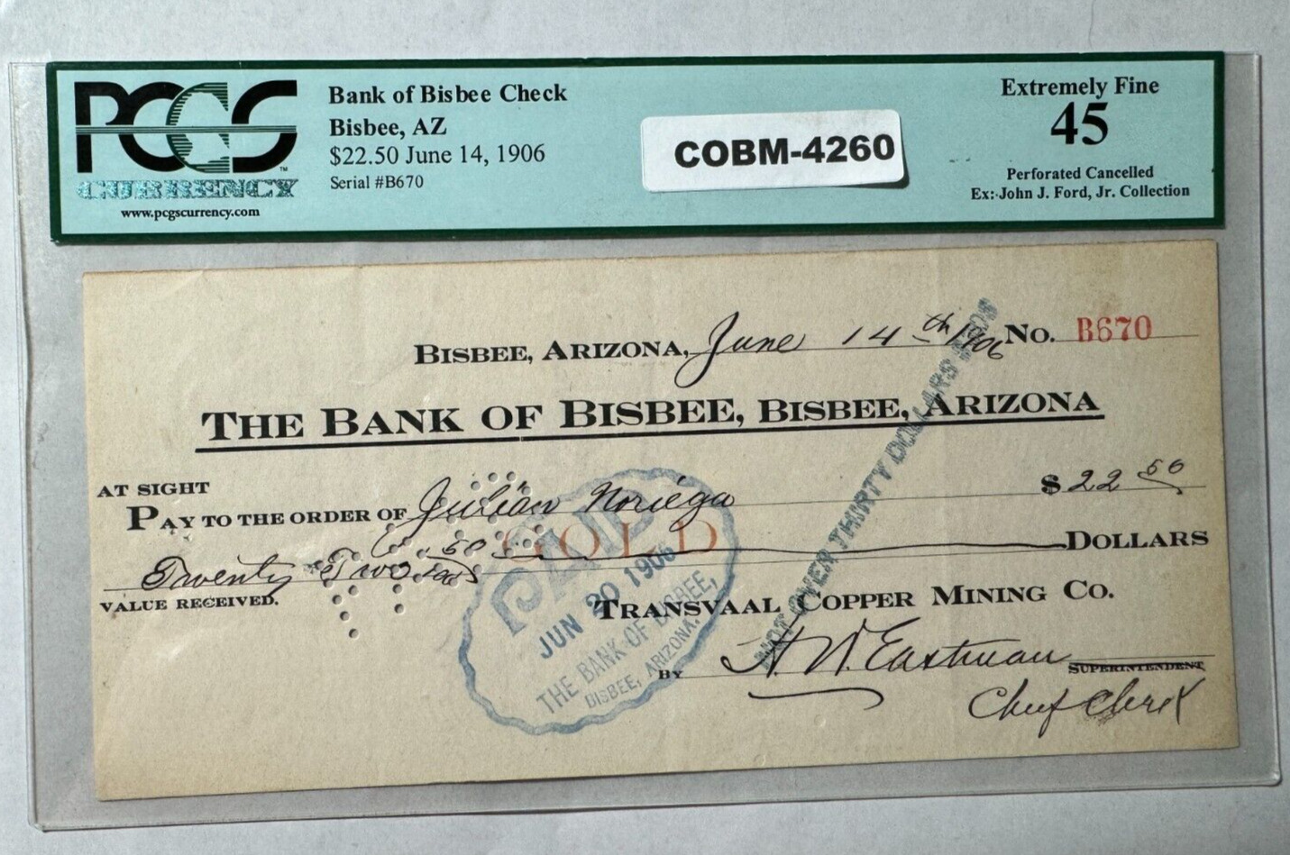 RARE BANK OF BISBEE (Arizona) 1906 Bank Check PCGS Graded Ex. Fine 45 COBM-4260