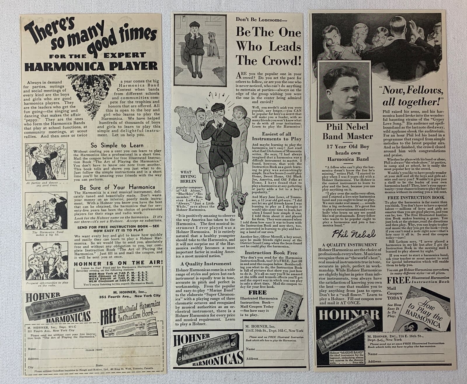 lot of three HOHNER HARMONICA ads ~ 1930-1935