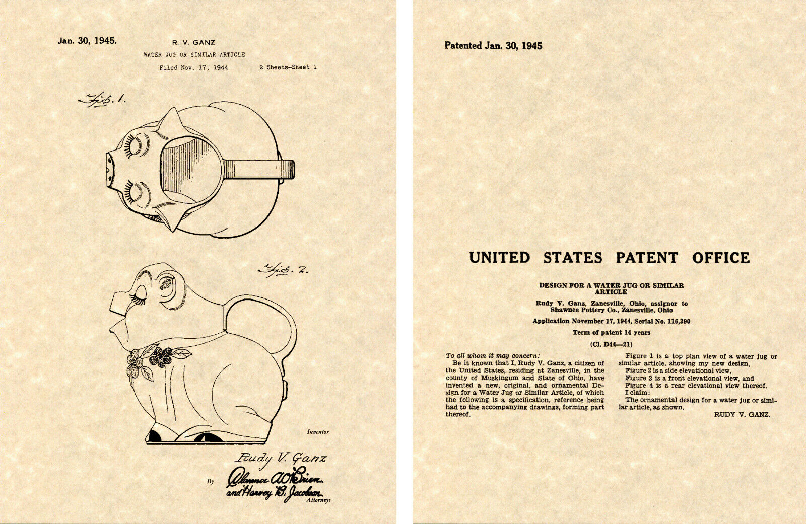 SHAWNEE SMILEY PIG CREAM PITCHER US Patent Art Print READY TO FRAME 1945 Ganz
