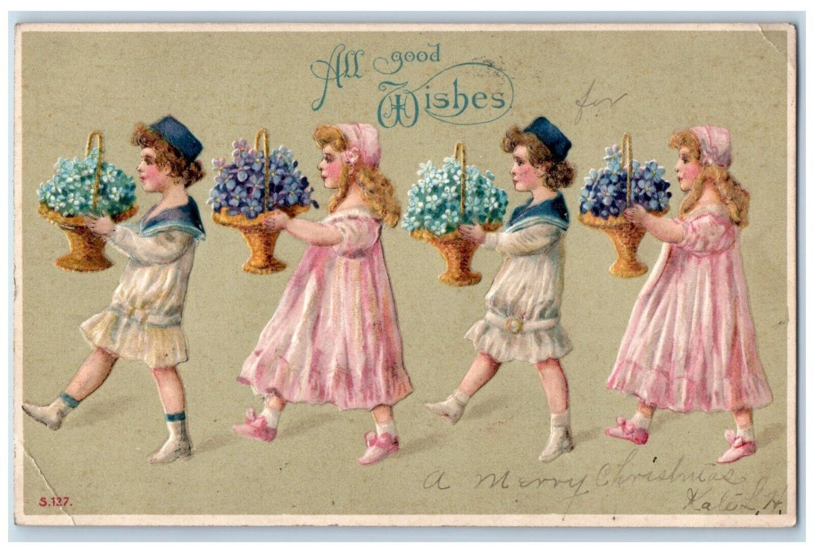 1907 Good Wishes Children Offering Pansies Flowers In Basket Embossed Postcard