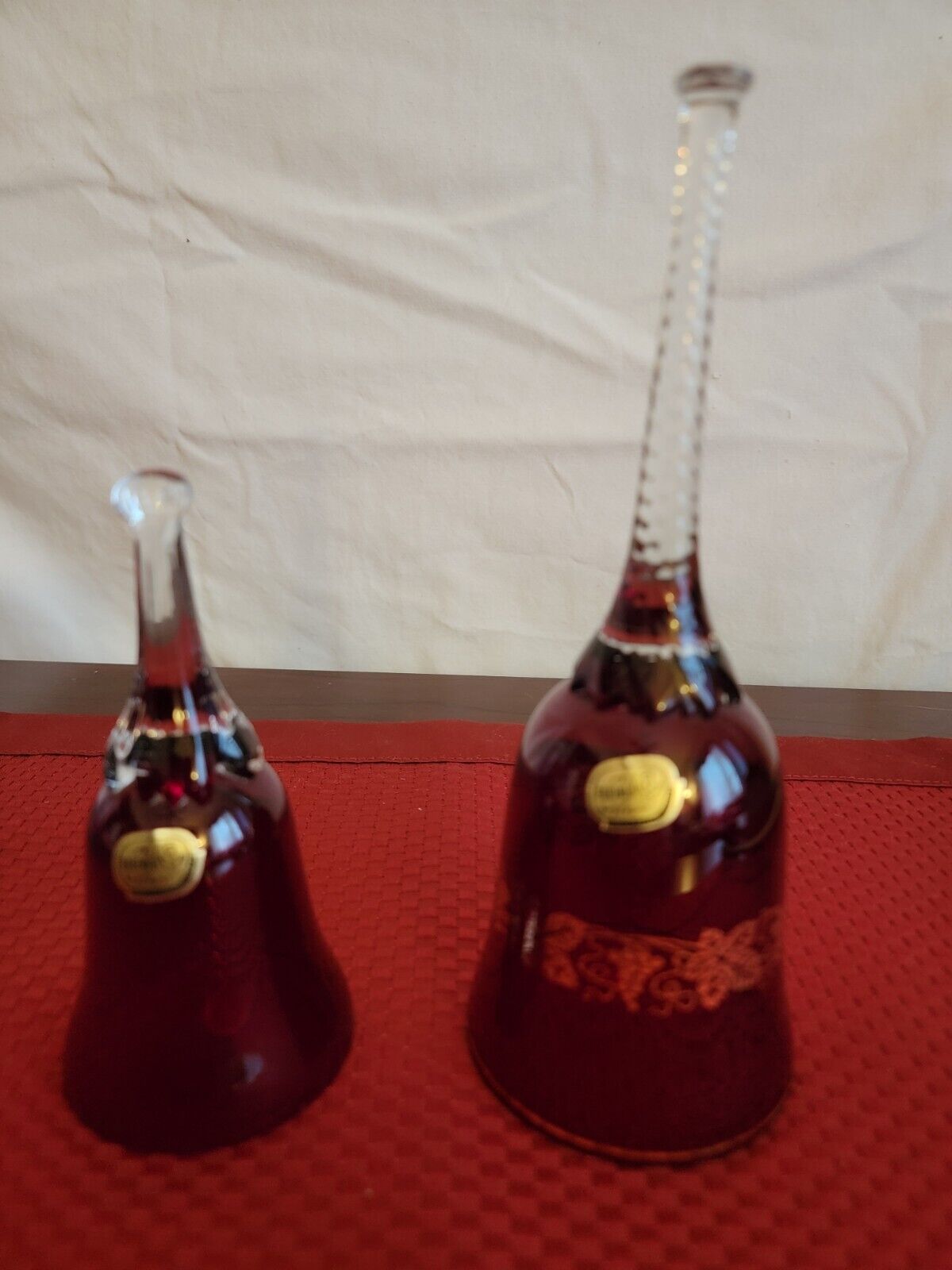 Two - Vintage Ruby Red & Clear Crystal Wineglass Bells. Bohemian Czeckoslovakia