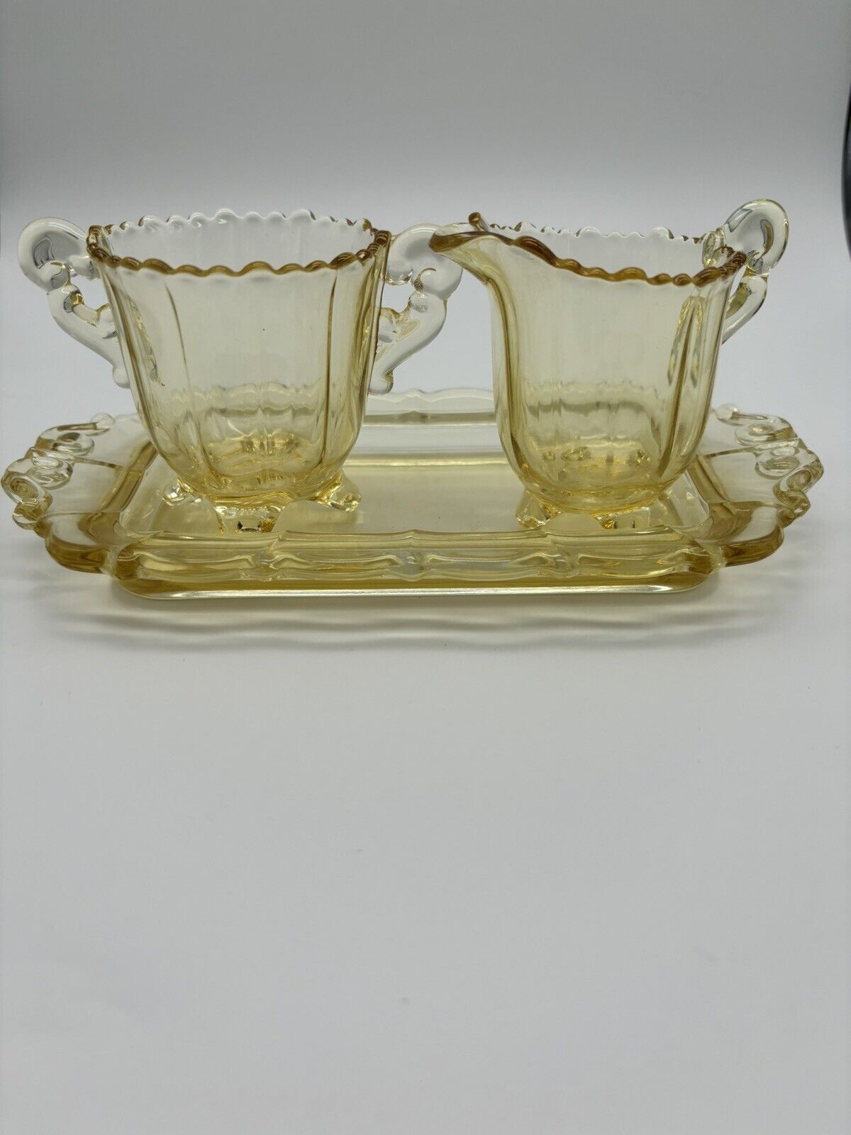 Vintage Cambridge Glass Martha Yellow Creamer, Sugar Bowl & Tray