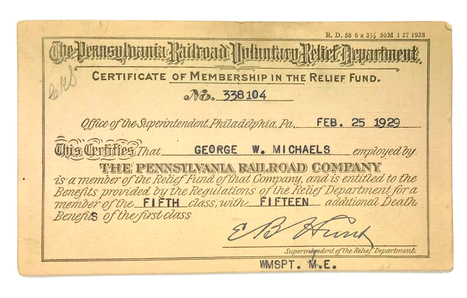 Pennsylvania Railroad Certificate Membership Card in the Relief Fund 1929  e1-55