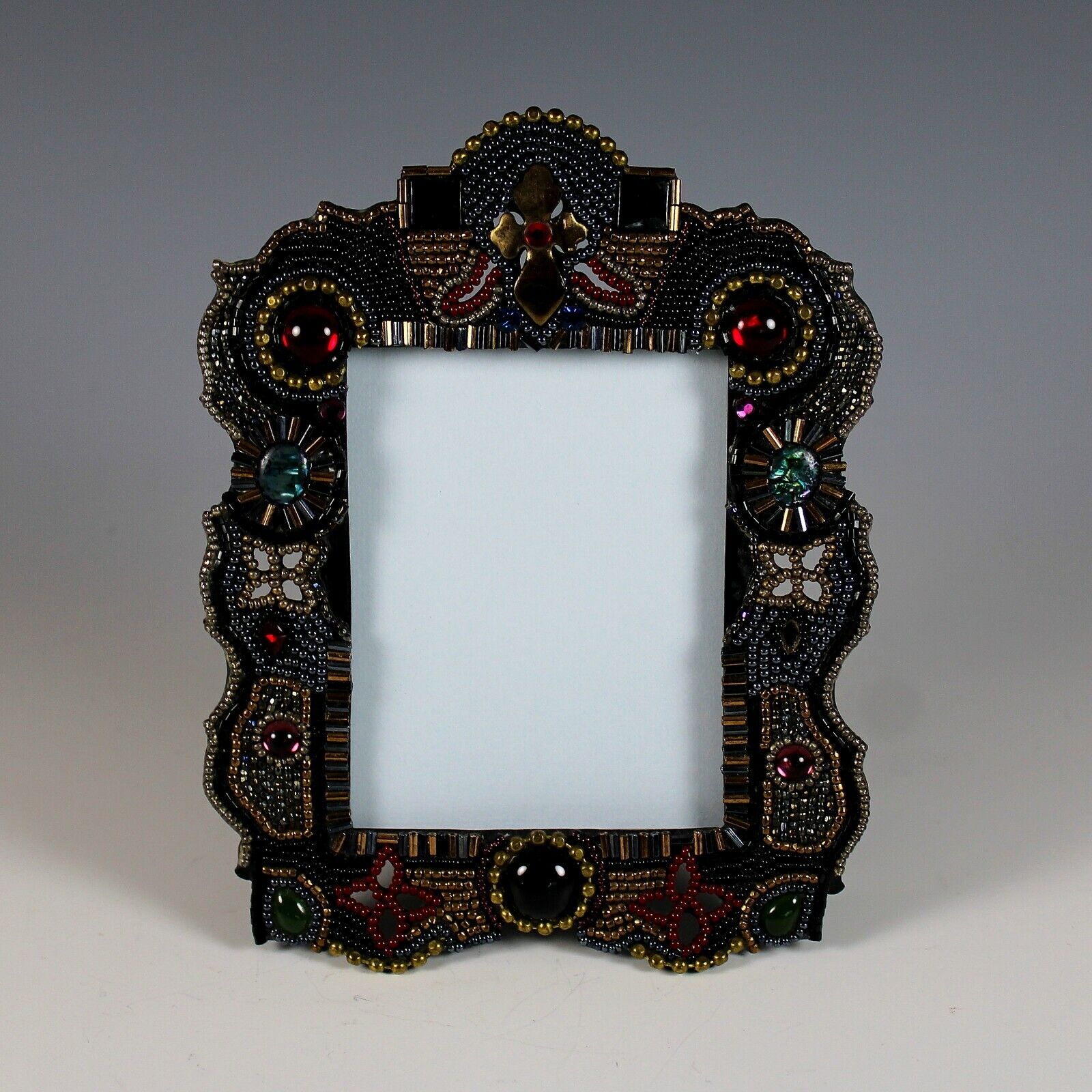 Vintage Jeweled Beaded Reticulated Photo Picture Frame, Cabochons Signed