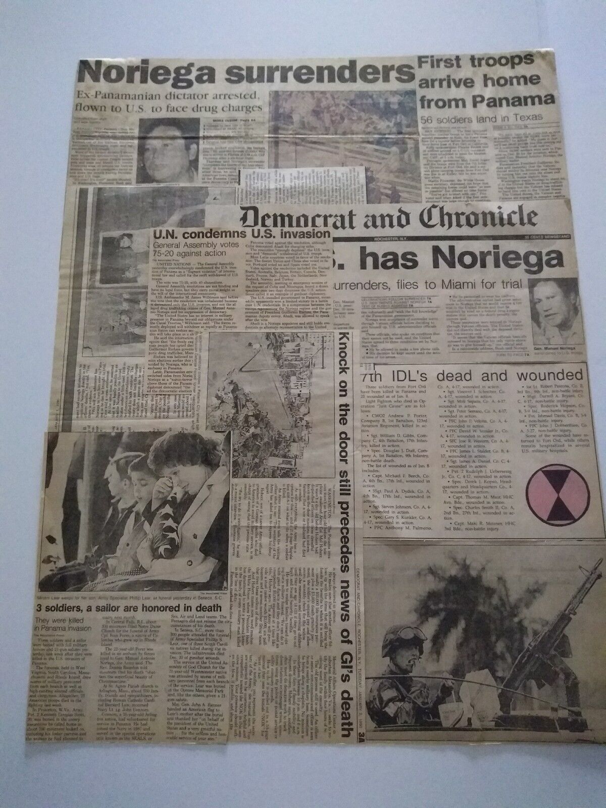 Vintage Newspaper Articles About Noriega\'s Surrender GI\'s Death-10 items glued