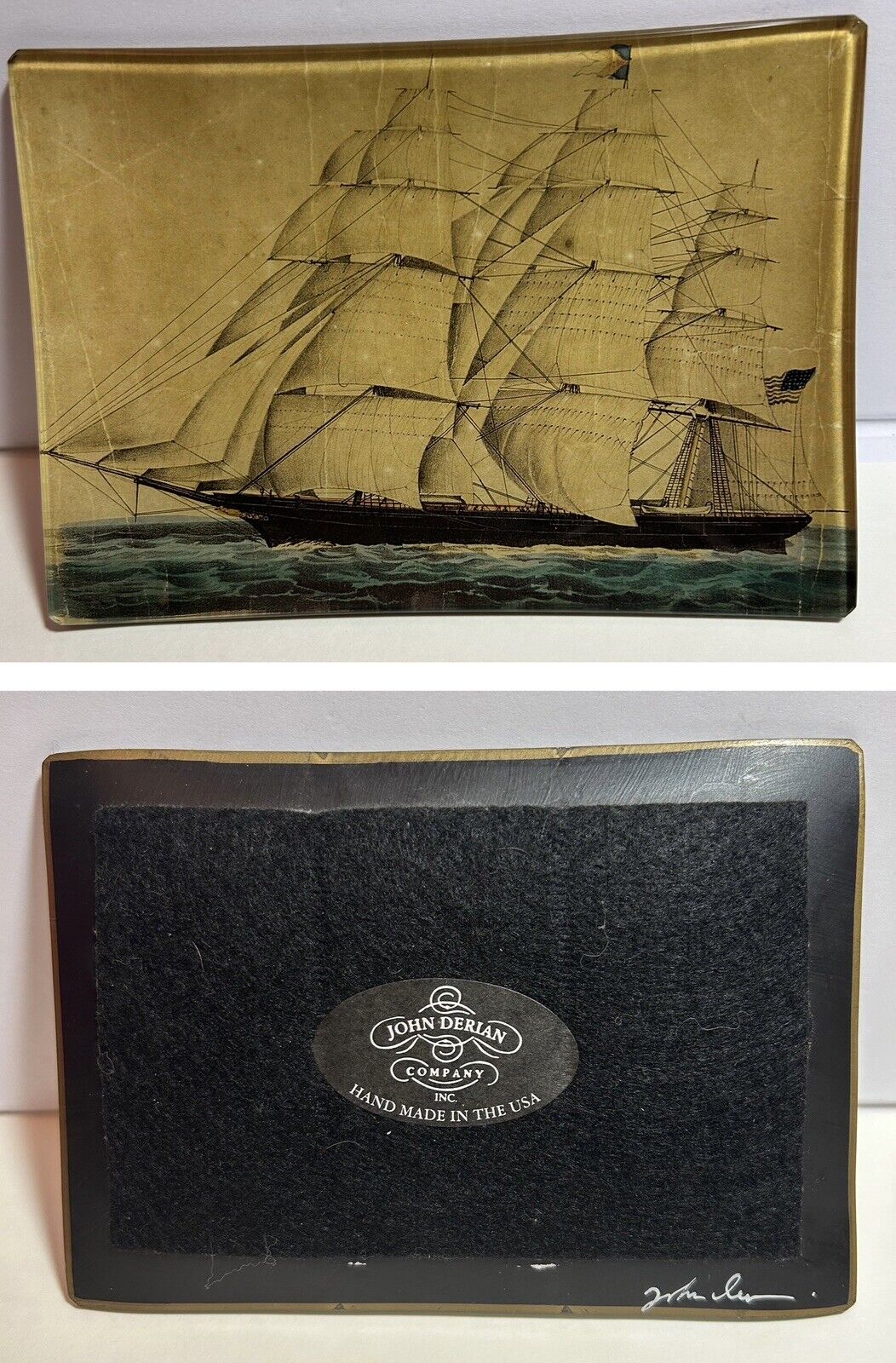 John Derian Plate Dish HOMEWARD BOUND Signed Handblown Decoupage SIGNED Ship Sea
